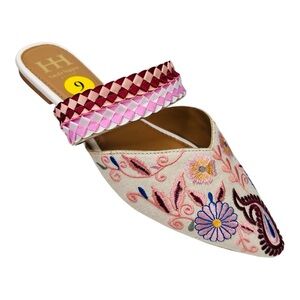 Haute Hippie Pink & Tan Embroided Floral Pointed Toe Boho Mules Size 9